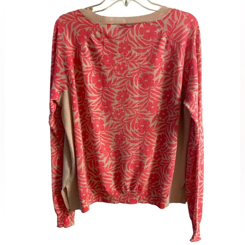 J crew black label crewneck sweater linen blend floral print pink cream XL